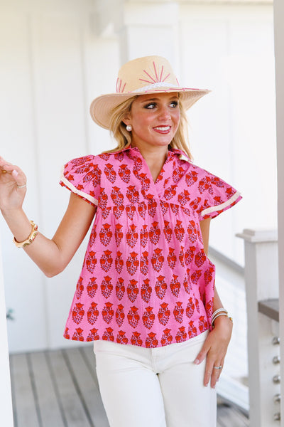 Sherry Button Up Flower Print Top - Pink