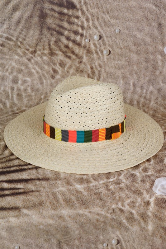 Multi Color Stripe Band Straw Hat - Beige