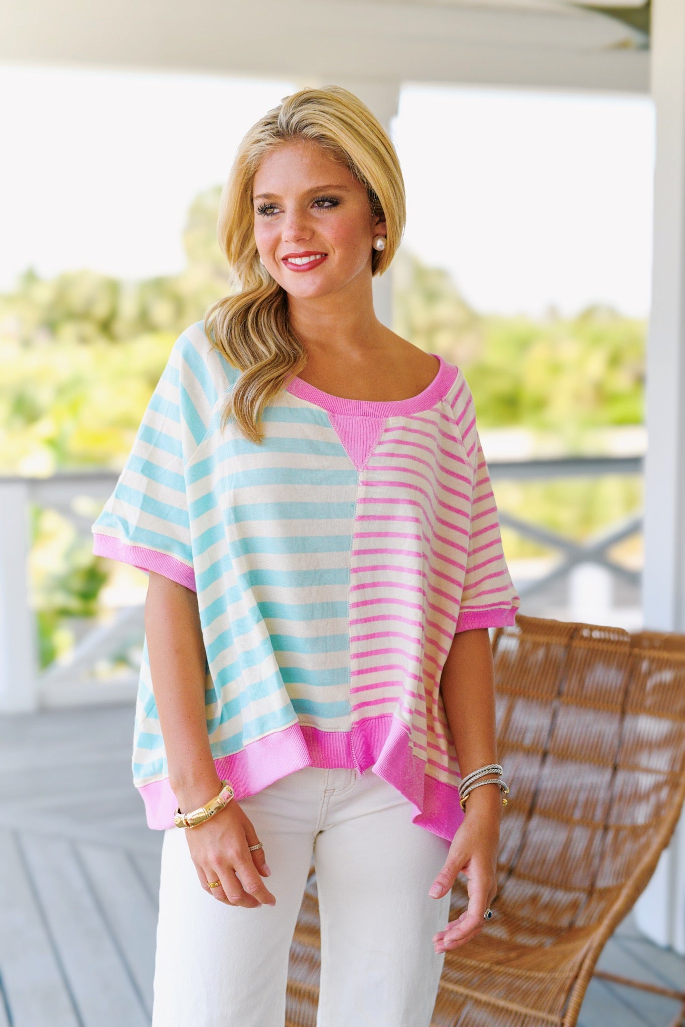 Lilly Mixed Stripe Oversized Top - Blue/Pink