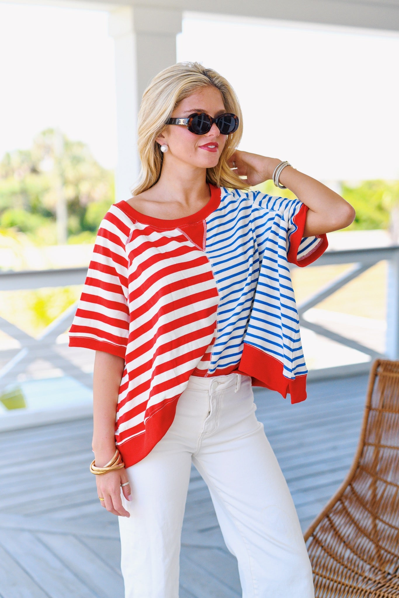 Lilly Mixed Stripe Oversized Top - Red/Blue