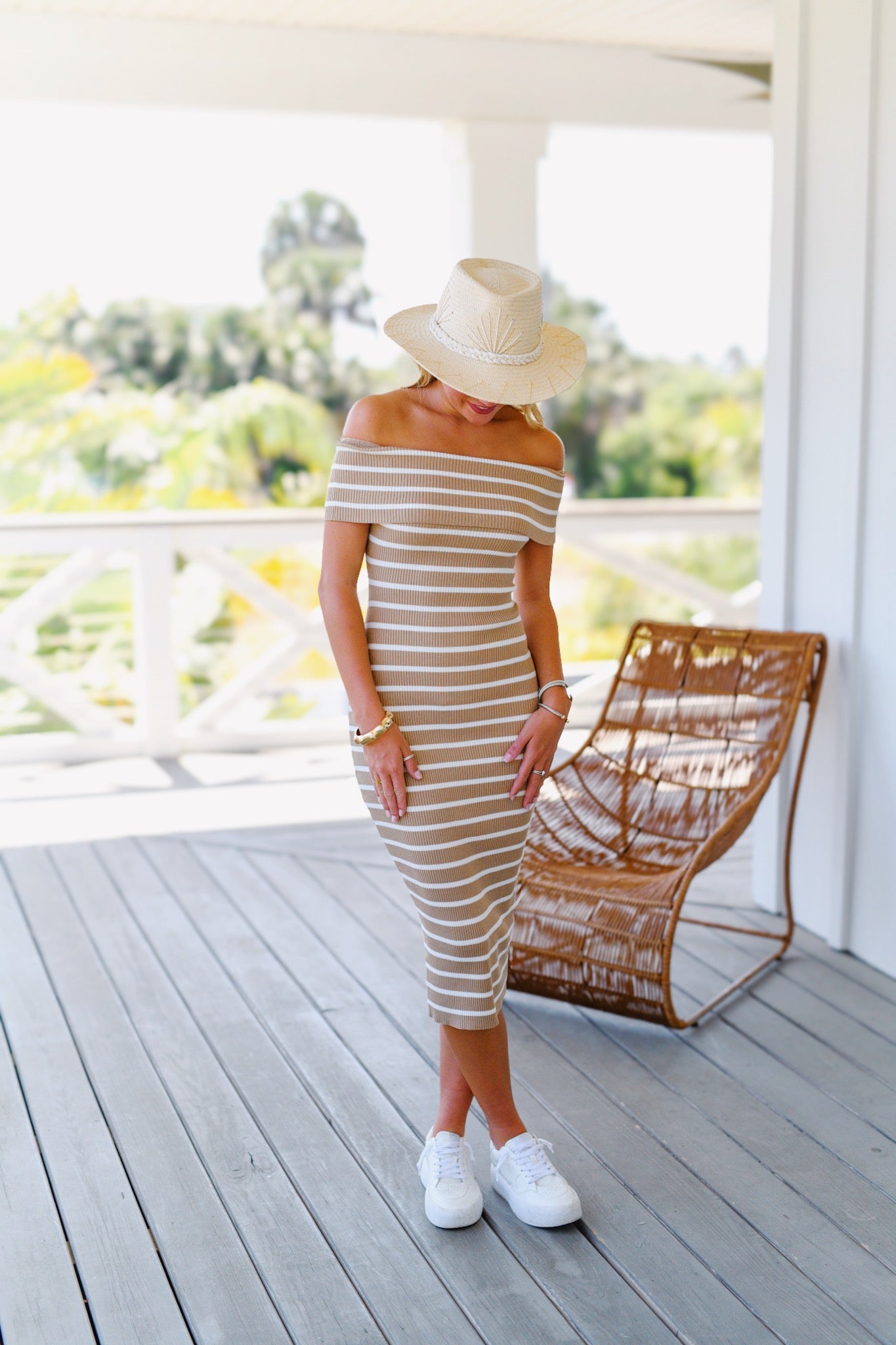 Molly Striped Midi Dress - Beige Off White