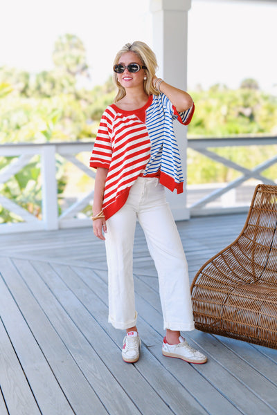 Lilly Mixed Stripe Oversized Top - Red/Blue