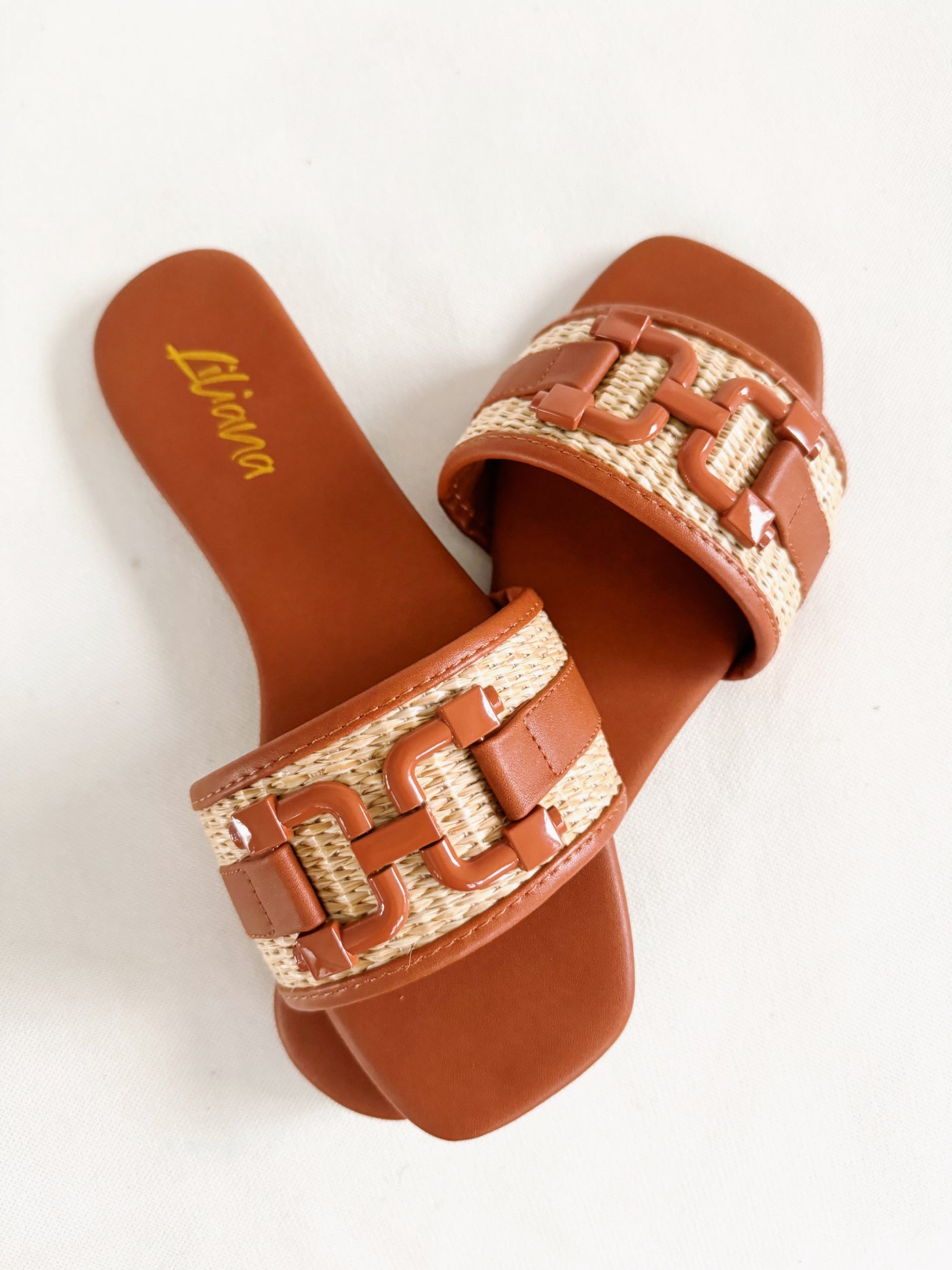 Buckle Raffia Flat Sandals - Tan