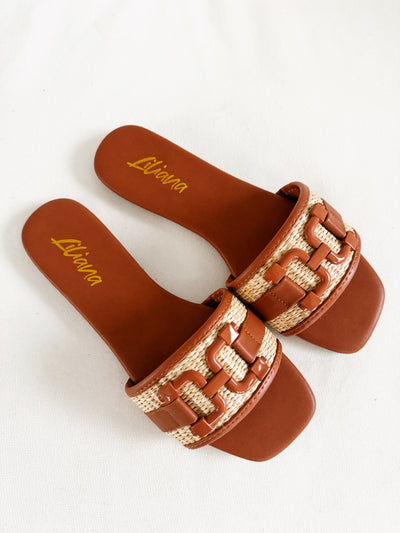 Buckle Raffia Flat Sandals - Tan