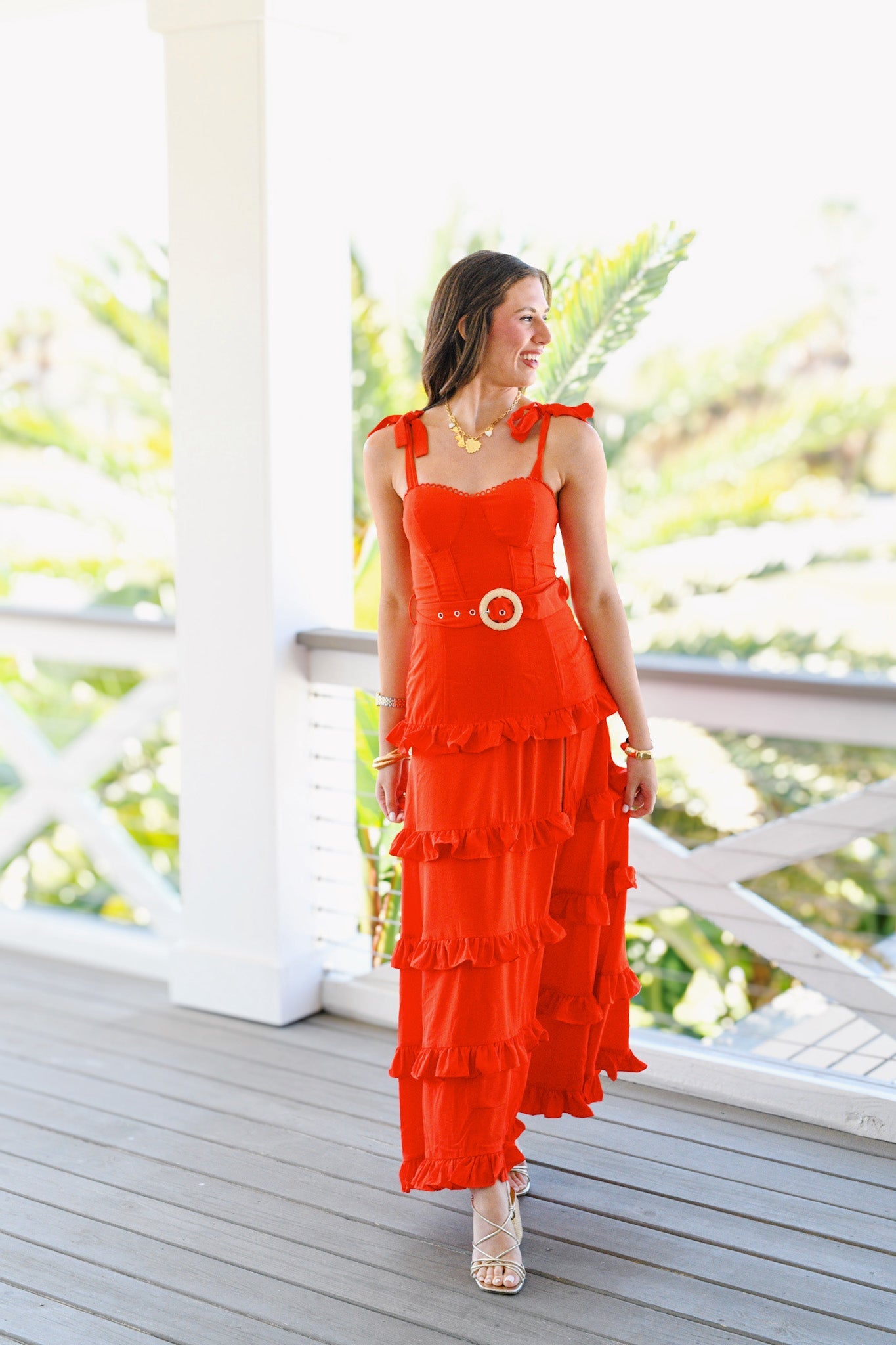 Lana Lace Belt Ruffle Maxi Dress - Tomato Red