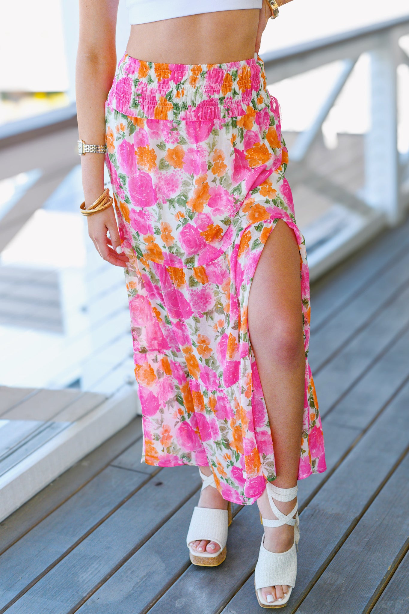 Bailey Floral Tiered Ruffle Woven Maxi Skirt - Pink/Orange