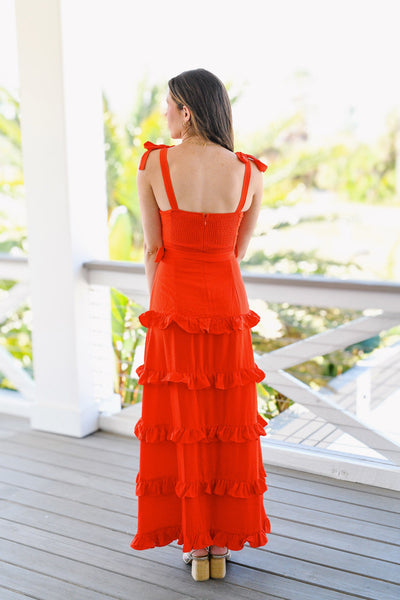 Lana Lace Belt Ruffle Maxi Dress - Tomato Red