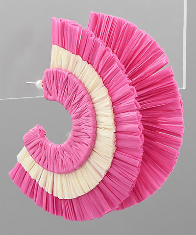 Two Tone Raffia Fan Earrings- Hot Pink/Cream