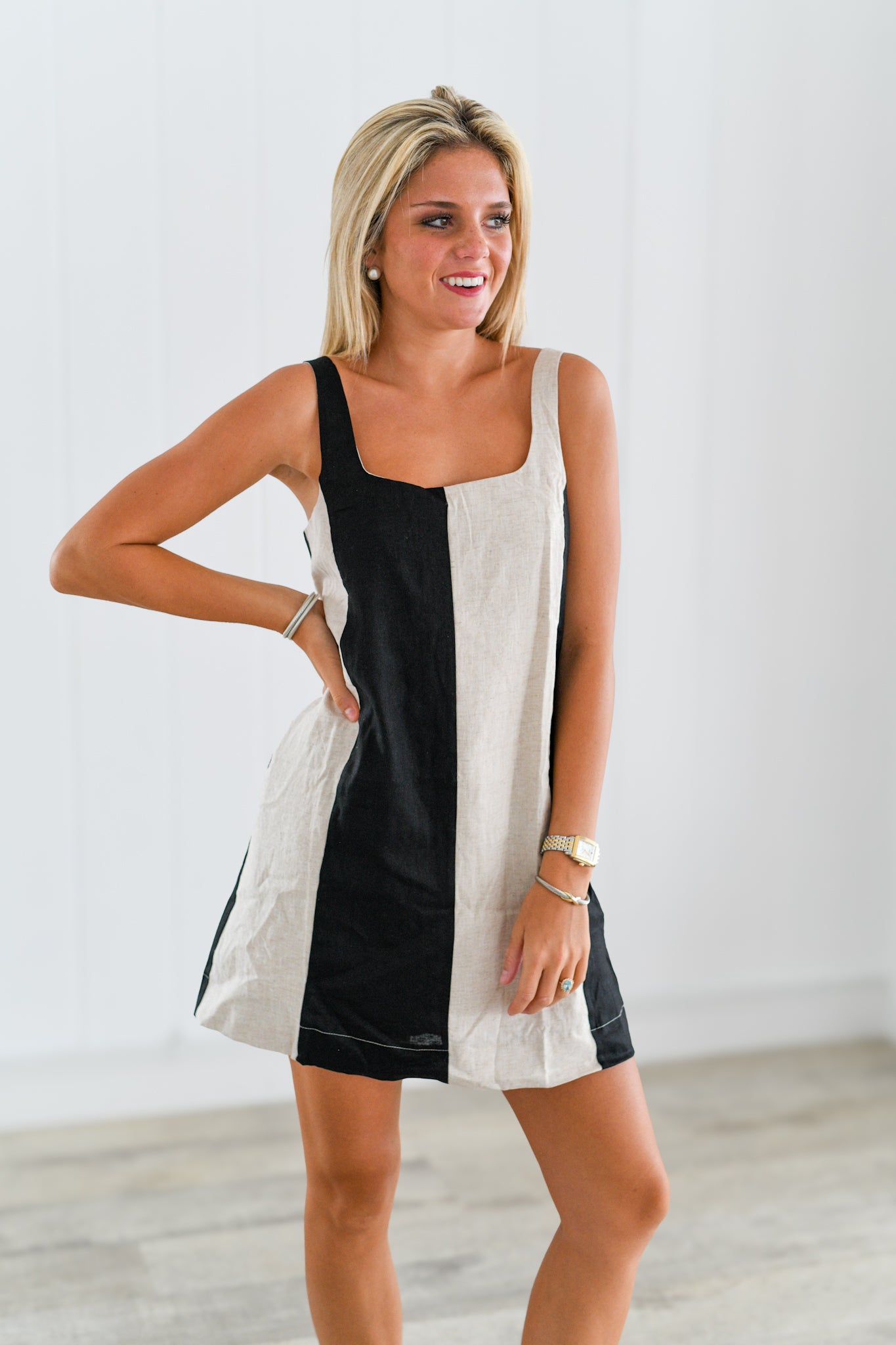 Abby Color Block Linen Mini Dress - Cream/Black