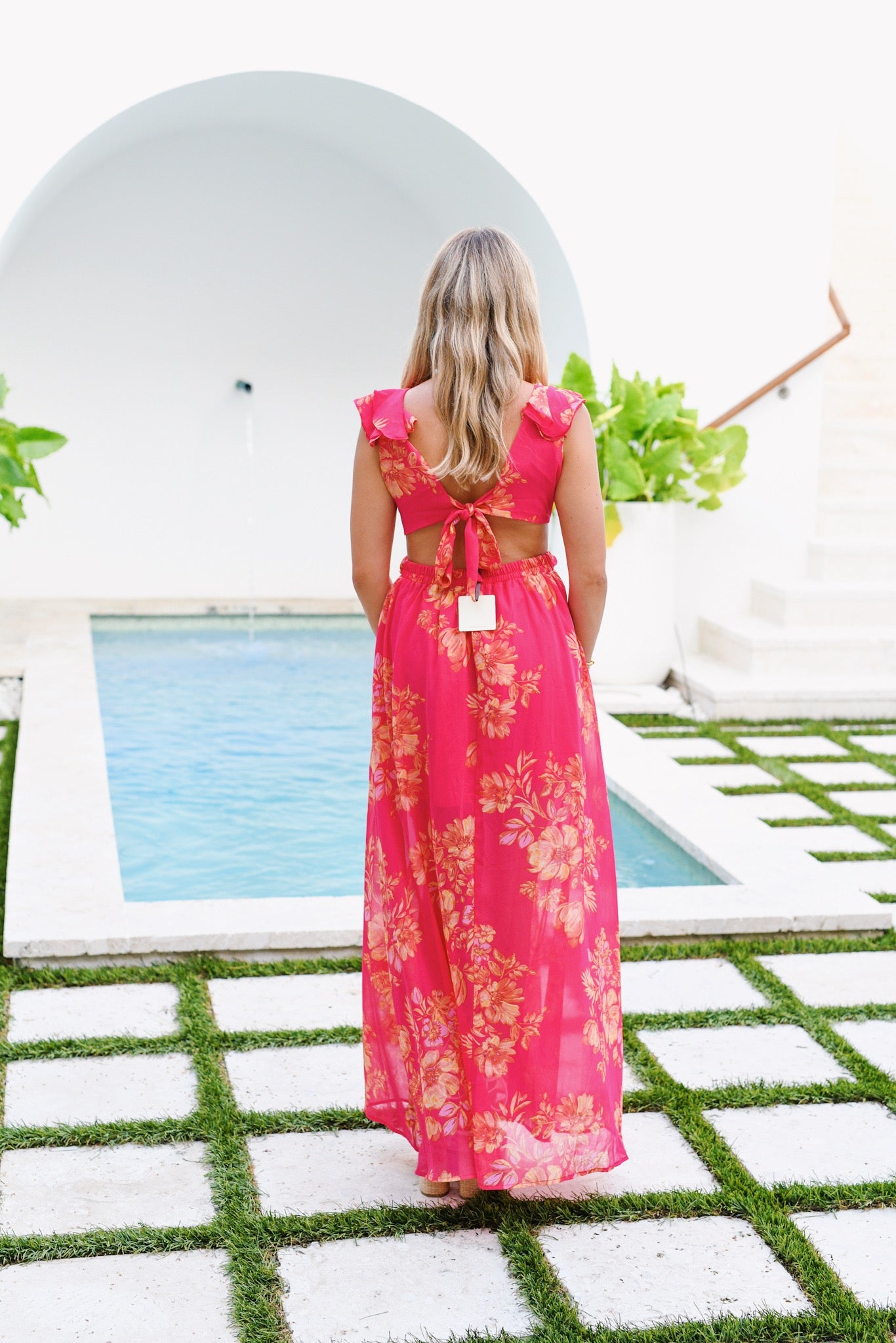 Beautiful Escape Cutout Frilly Maxi Dress - Sunset Red