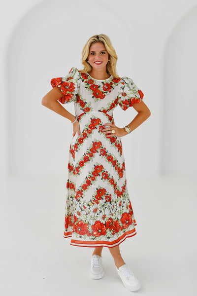 Maggie Floral Puff Sleeve Midi Dress - Red/White