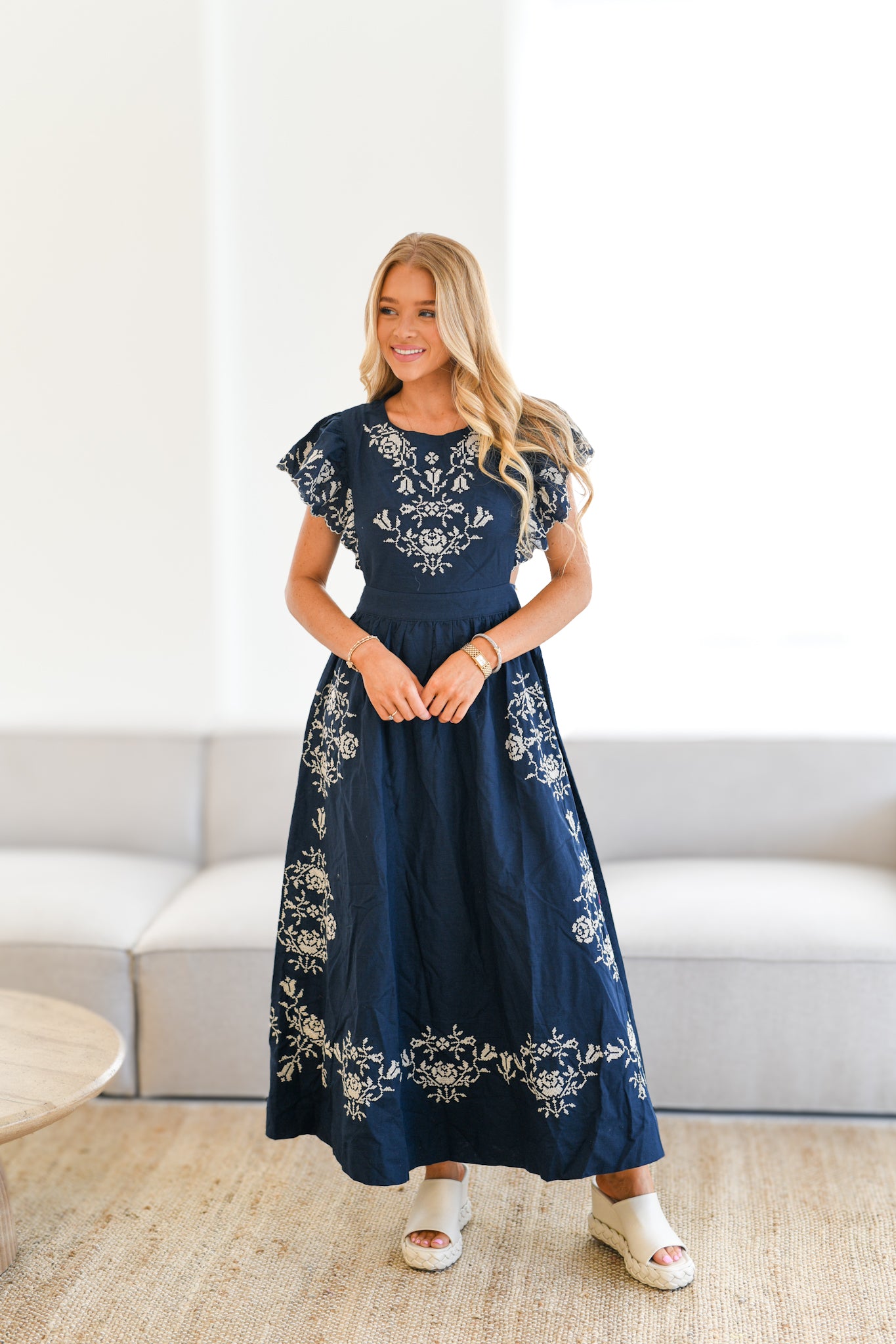 Kacie Embroidered Ruffle Sleeve Midi Dress-Navy