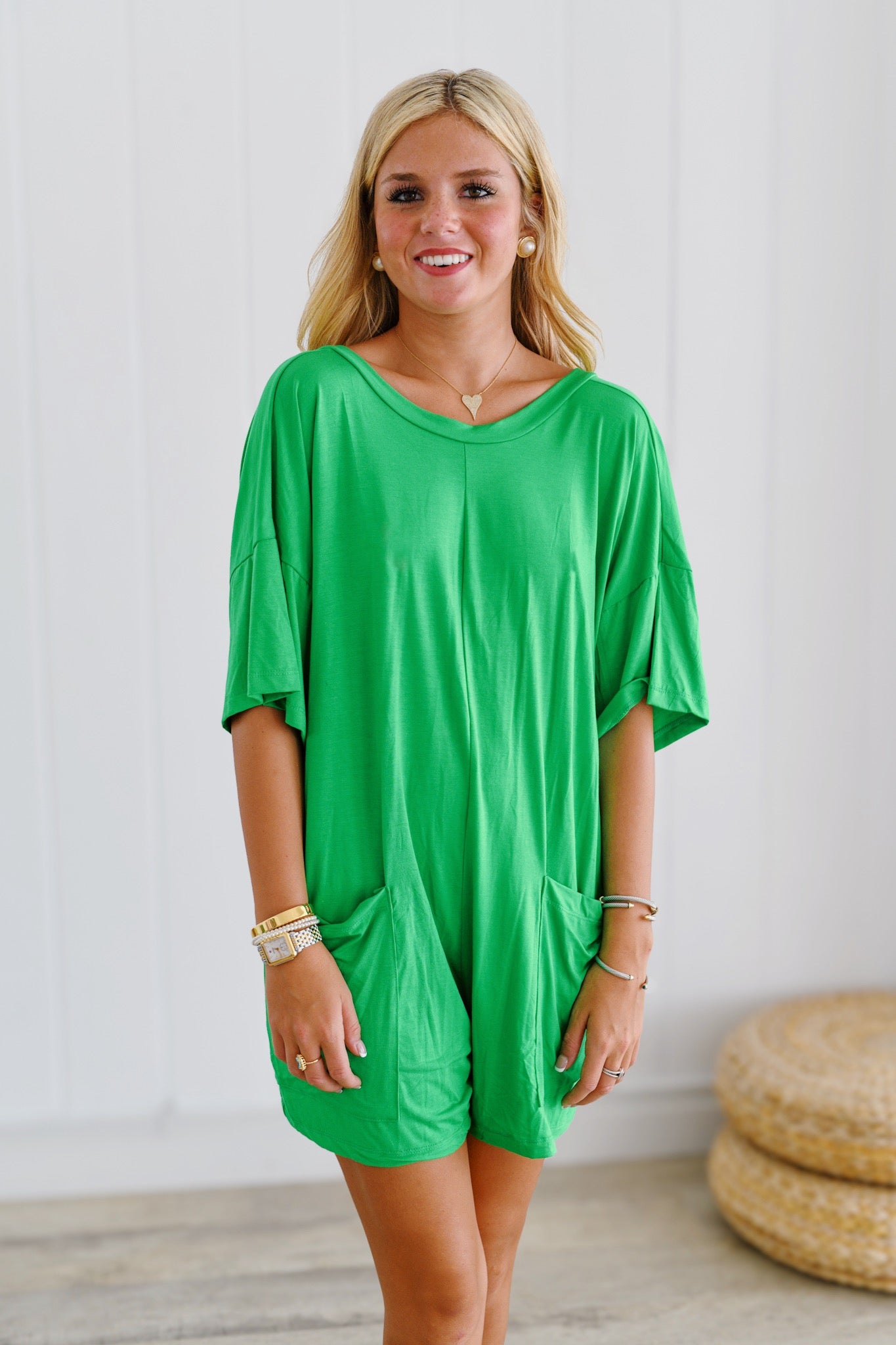 Jana Oversized V-Back Romper - Kelly Green