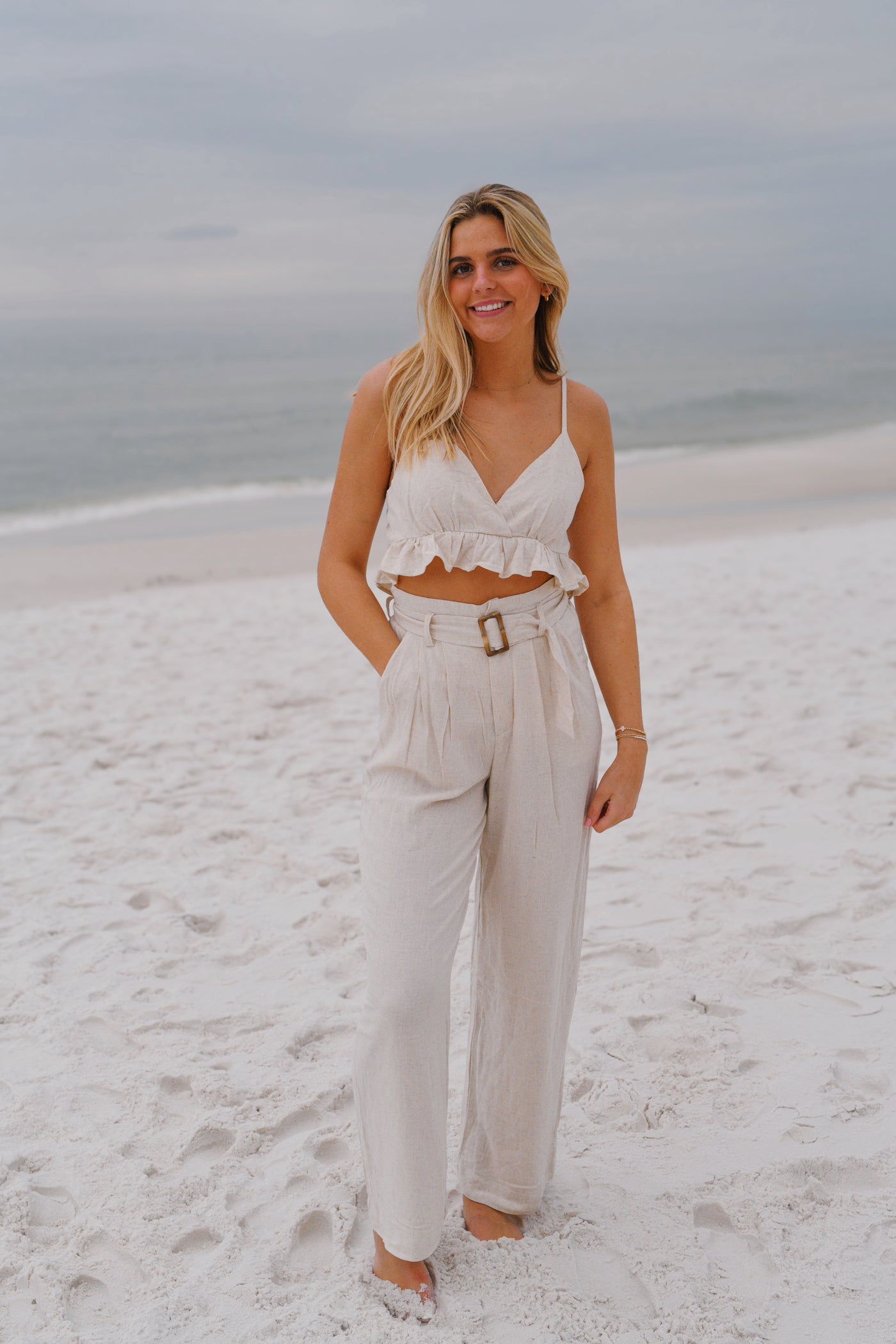 Carly Ruffle Hem Pants Set - Oatmeal