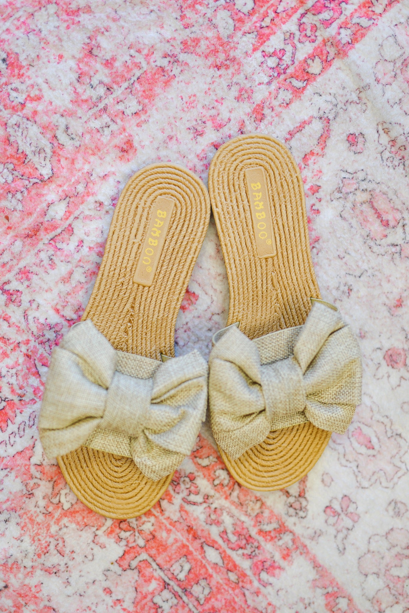 Beige Linen Bow Flat Sandals