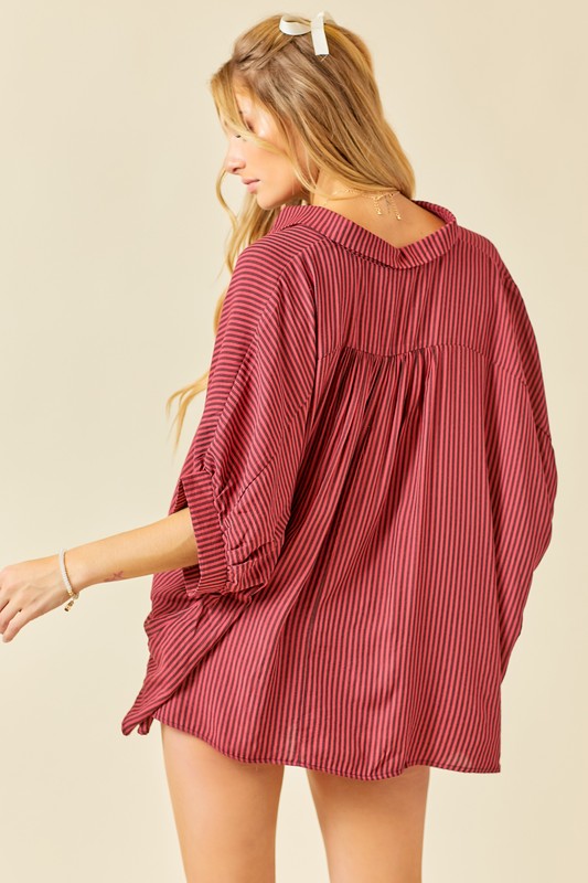 STRIPED OVERSIZED BUTTON DOWN SHIRT  - Maroon/Black