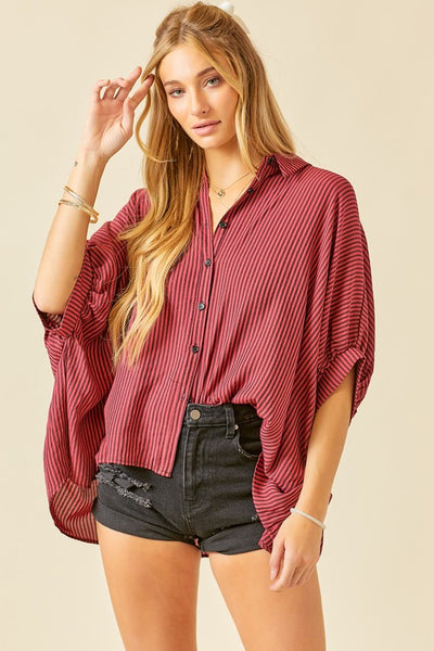 STRIPED OVERSIZED BUTTON DOWN SHIRT  - Maroon/Black