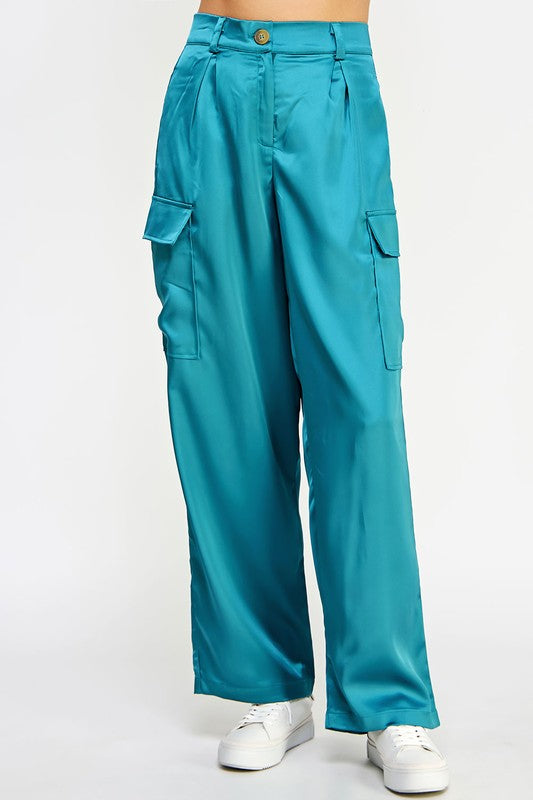 Front Pleat Satin Cargo Pants - Teal