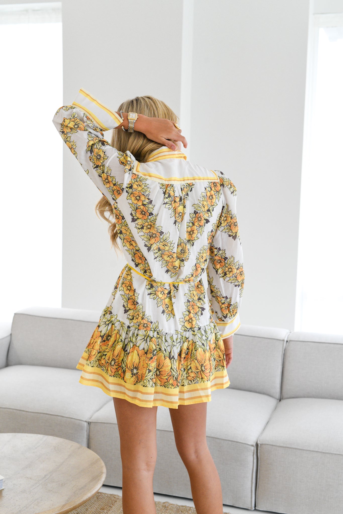 Mia Long Sleeve Belted Dress- Yellow Pattern