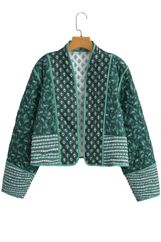 Paisley Print Reversible Crop Jacket- green