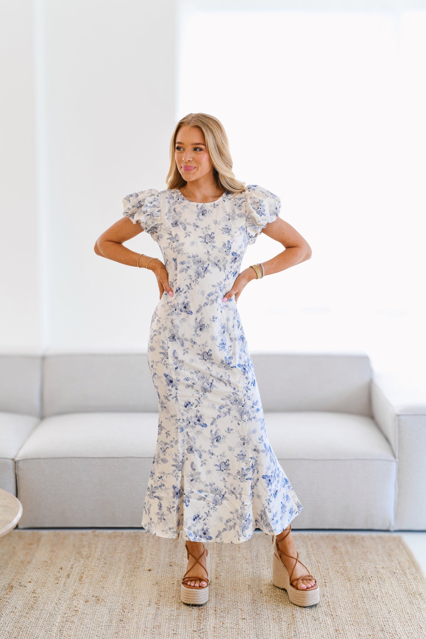 Jackie Puff Sleeve Satin Floral Midi Dress-Blue