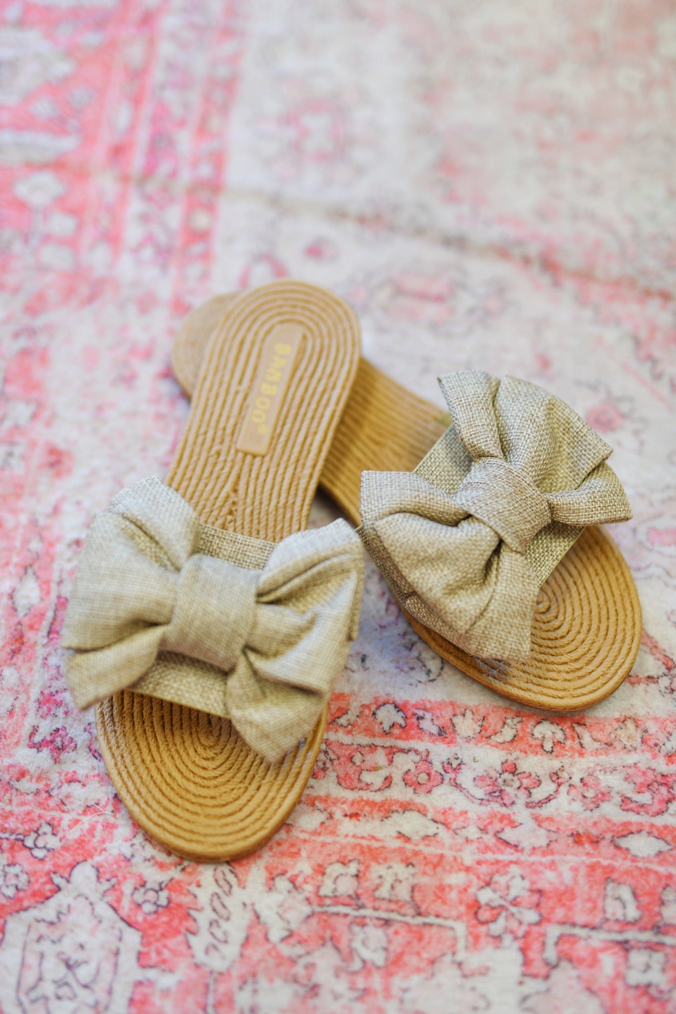 Beige Linen Bow Flat Sandals