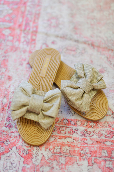 Beige Linen Bow Flat Sandals