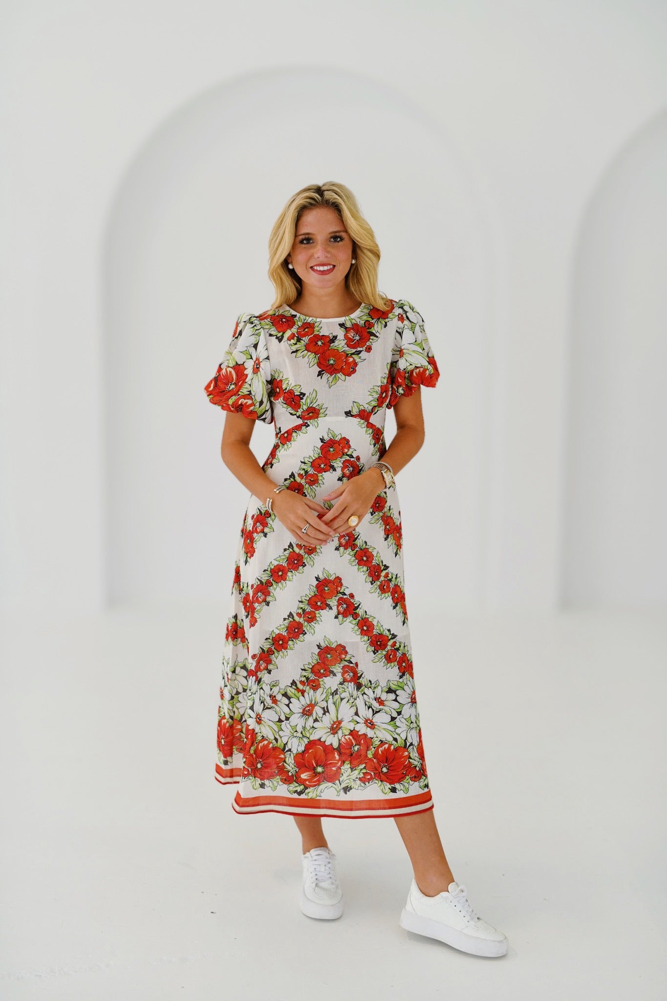 Maggie Floral Puff Sleeve Midi Dress - Red/White – shopfancydboutiqe