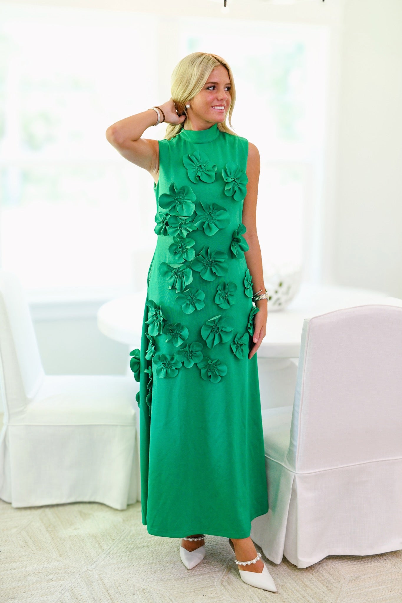 Fanci Floral Applique High Neck Maxi-Kelly Green