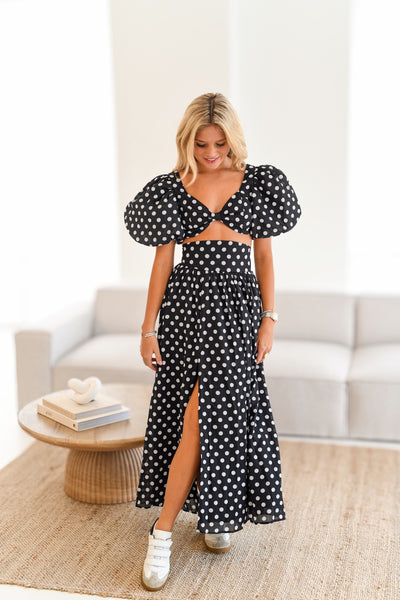 Maci Polka Dot Crop Top and Skirt Set-Black