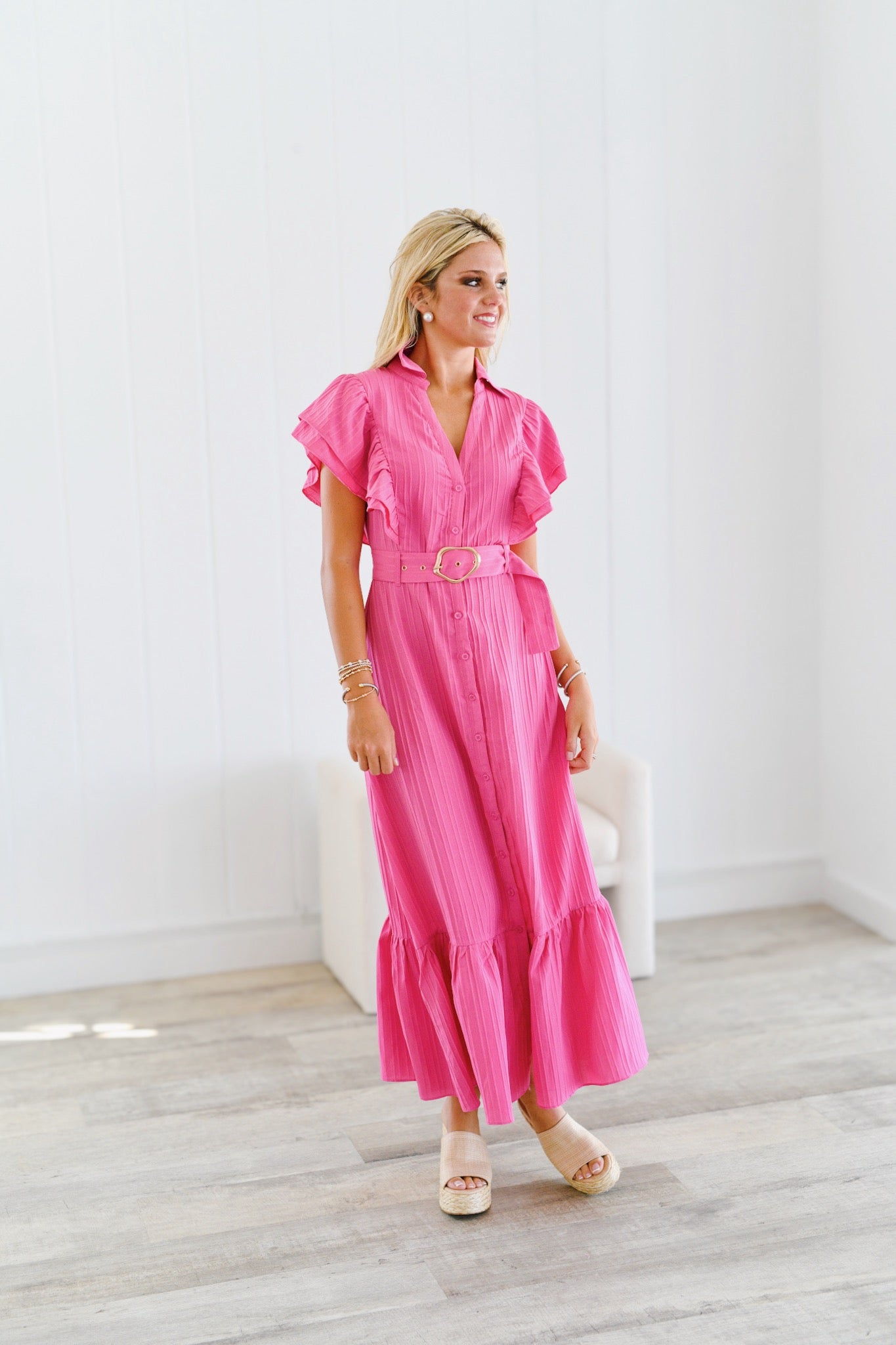 Isabella Ruffle Button Down Shirt Dress - Pink