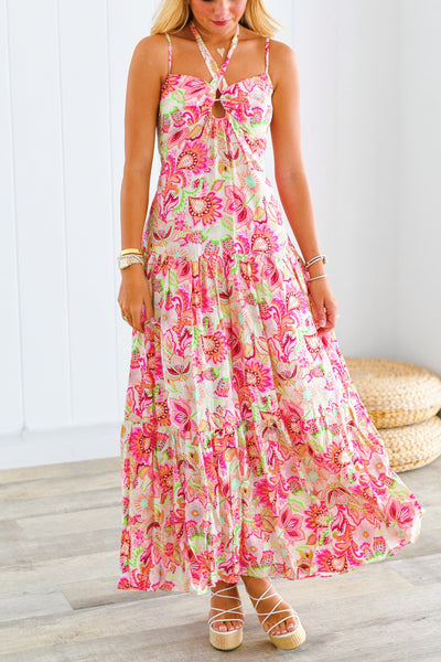 Rose Halter Maxi Dress - Pink Multi
