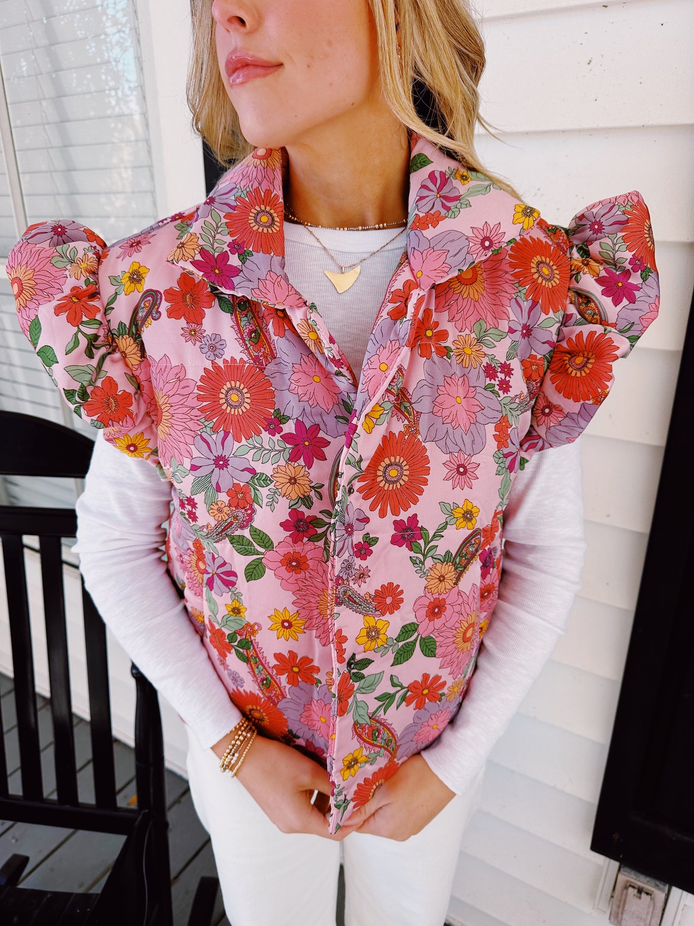 Lila Flutter Ruffle Sleeve Floral Puff Vest