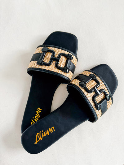 Buckle Raffia Flat Sandals - Black