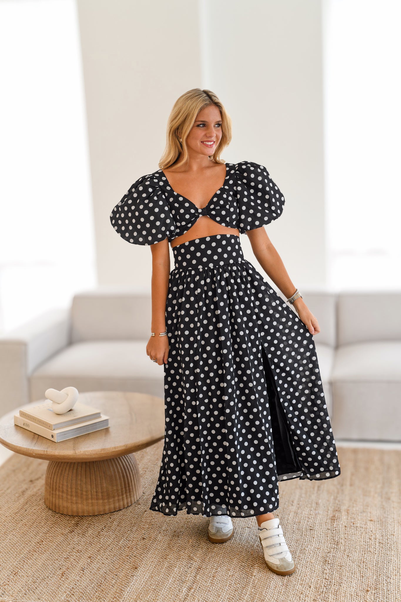 Maci Polka Dot Crop Top and Skirt Set-Black