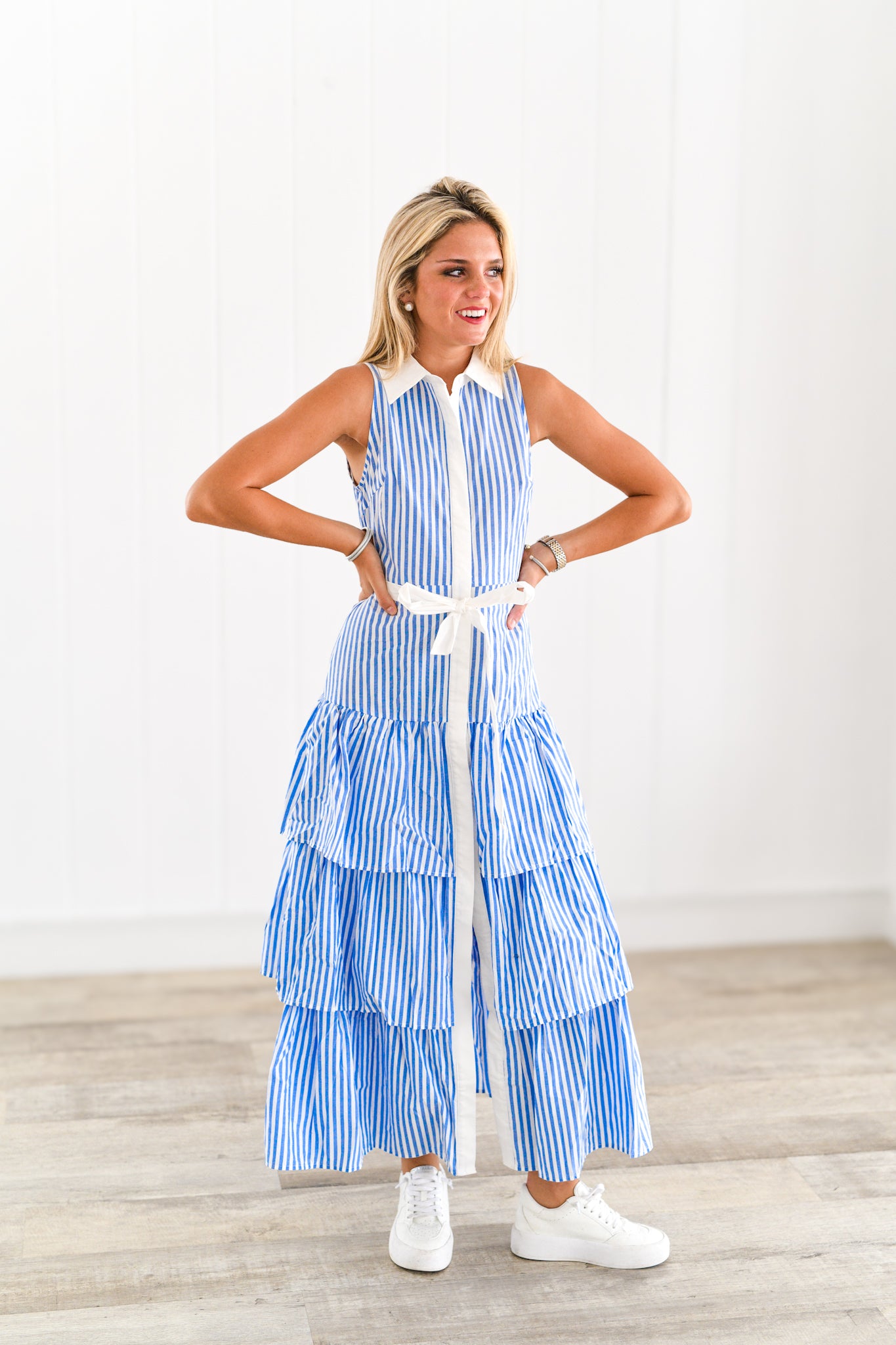 Bella Collared Striped Midi Dress-Blue