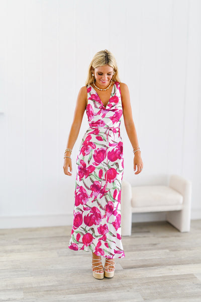 April Cowl Neck Satin Floral Maxi Dress - Pink