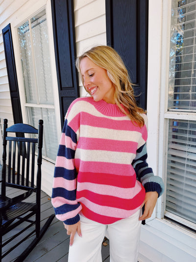 Piper Striped Color Block Mock Neck Loose Fit Sweater