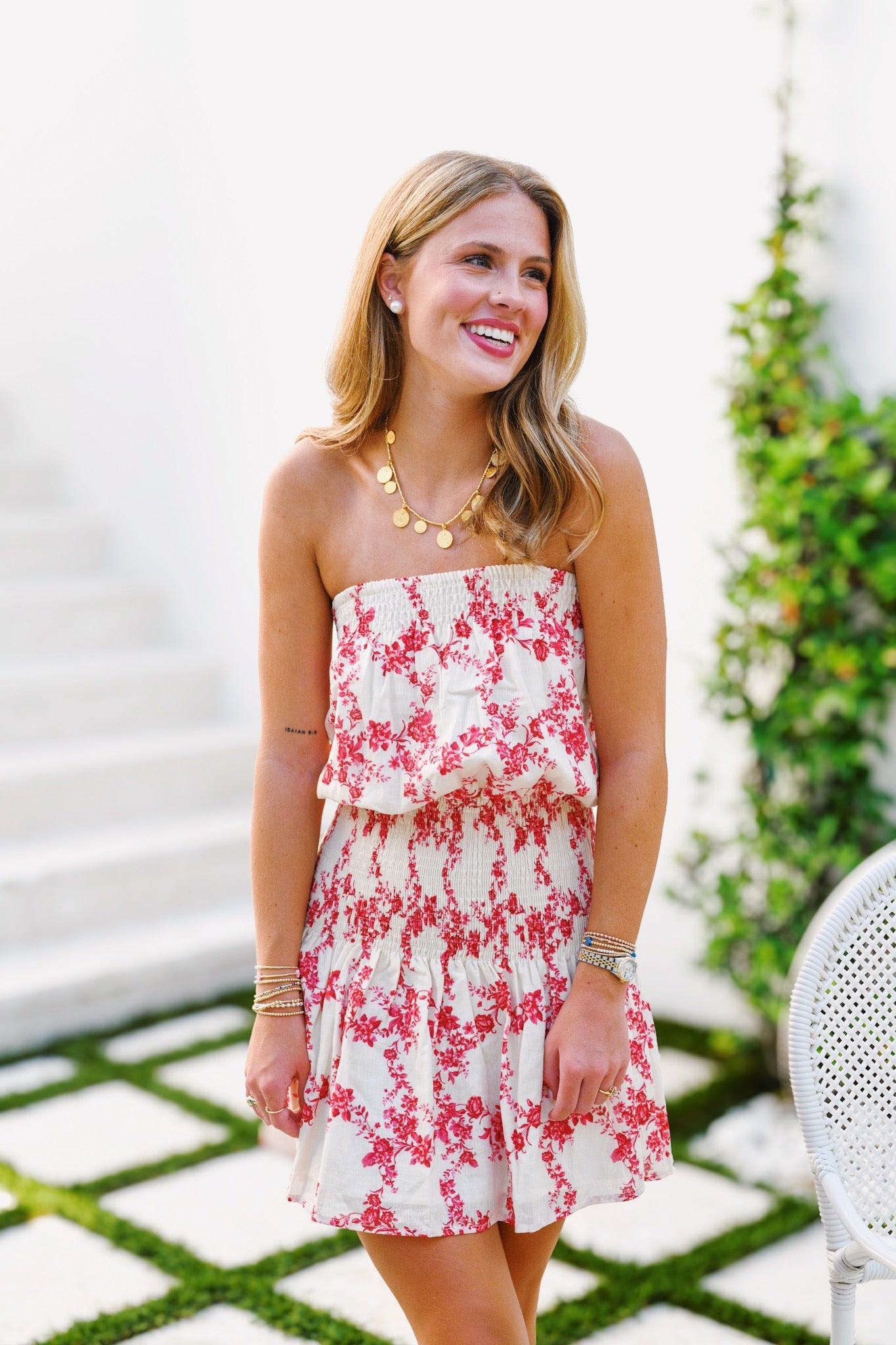 Lydia Strapless Smocked Waist Dress-Natural Red