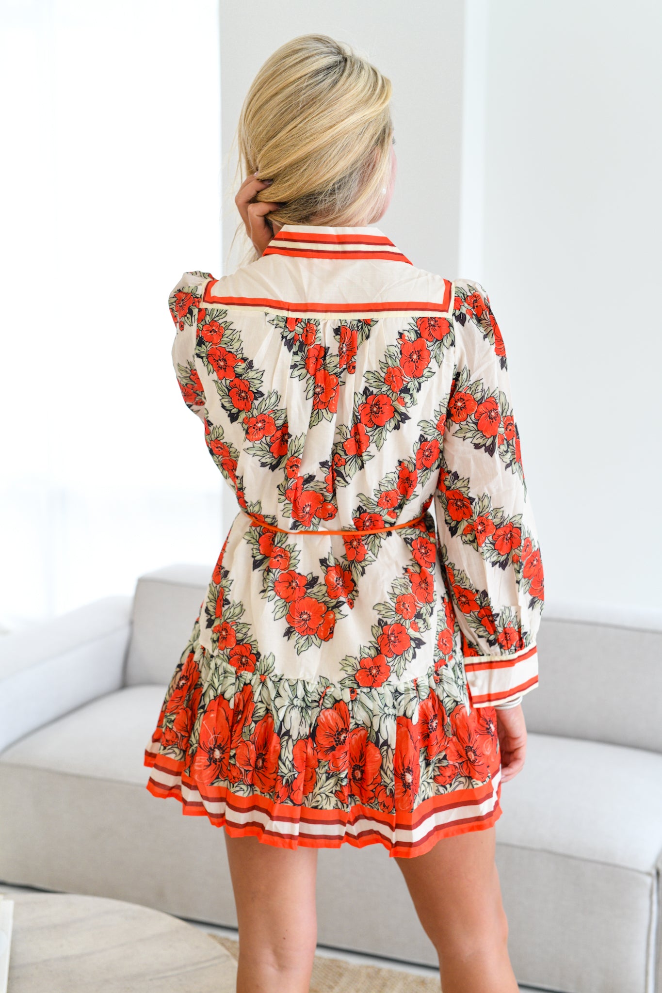 Avery Long Sleeve Belted Dress-Red Pattern