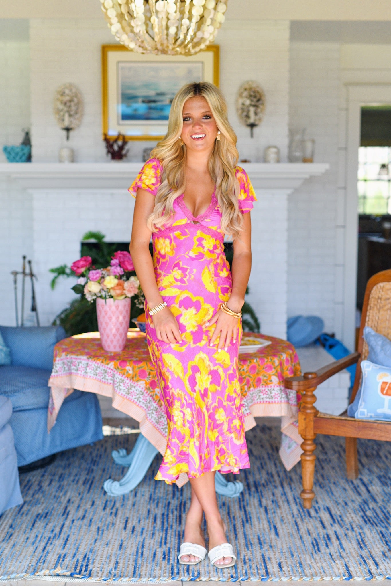 Mattie Midi Dress - Pink Yellow