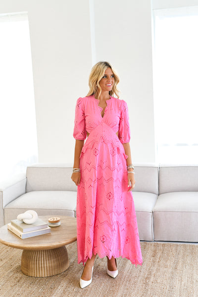 Laura V-Neck Eyelet Maxi Dress - Barbie Pink