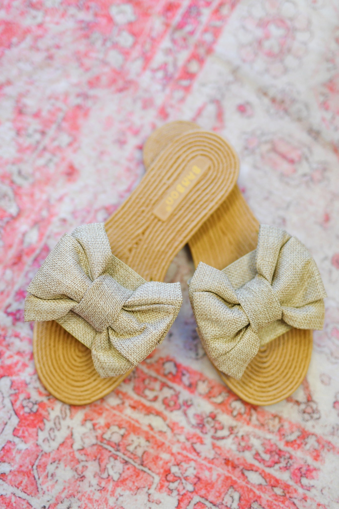 Beige Linen Bow Flat Sandals