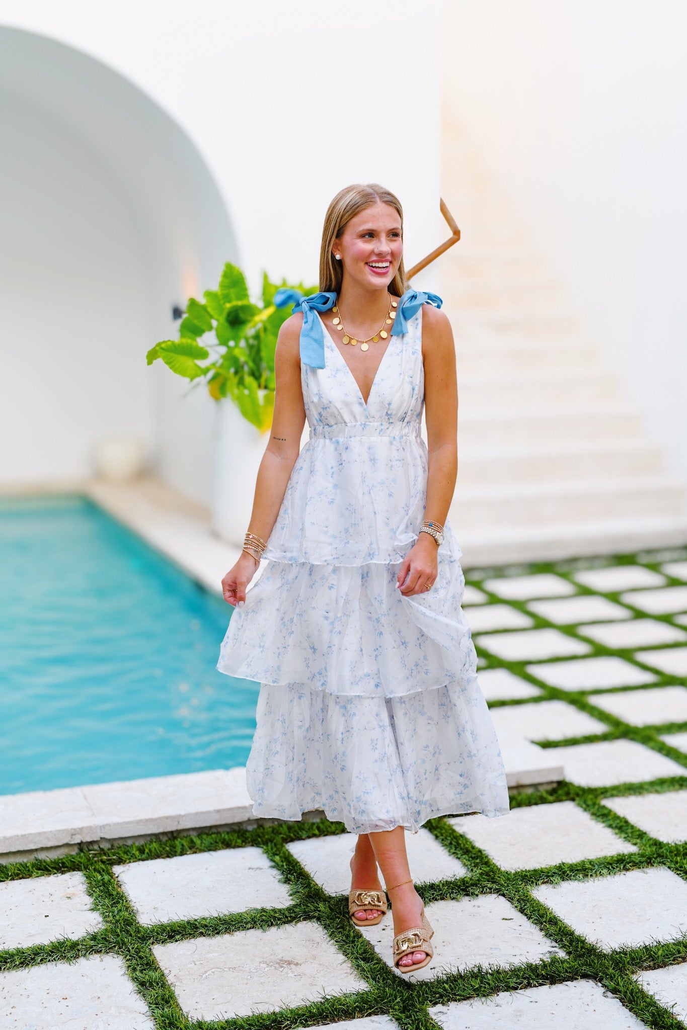 Live Floral Print Ruffled Midi Dress - White/Blue