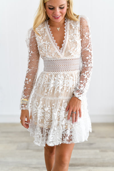 Riley Deep V-Neck Lace Tiered Dress  - White