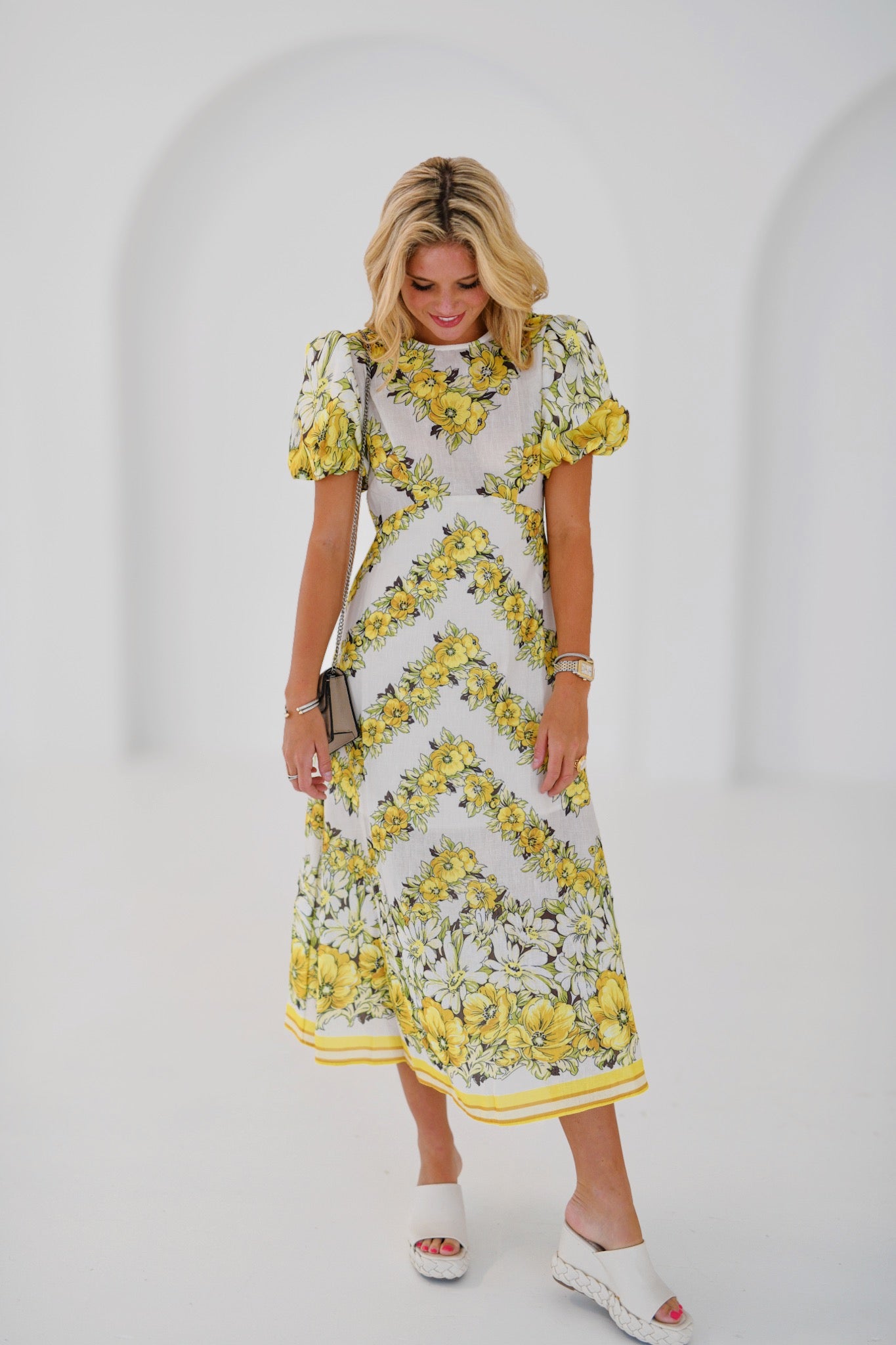 Lindsey Floral Puff Sleeve Midi Dress - Yellow/White