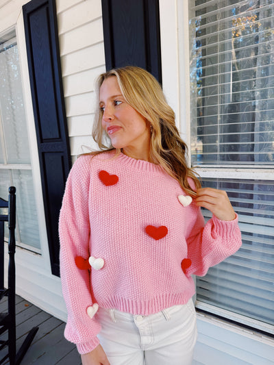 3D Heart Crochet Long Bubble Sleeve Sweater