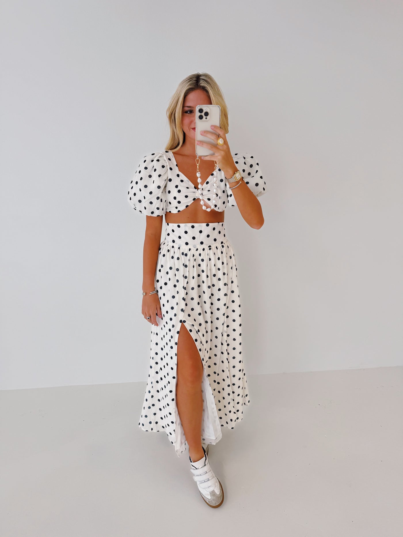 Maci Polka Dot Crop Top and Skirt Set-White