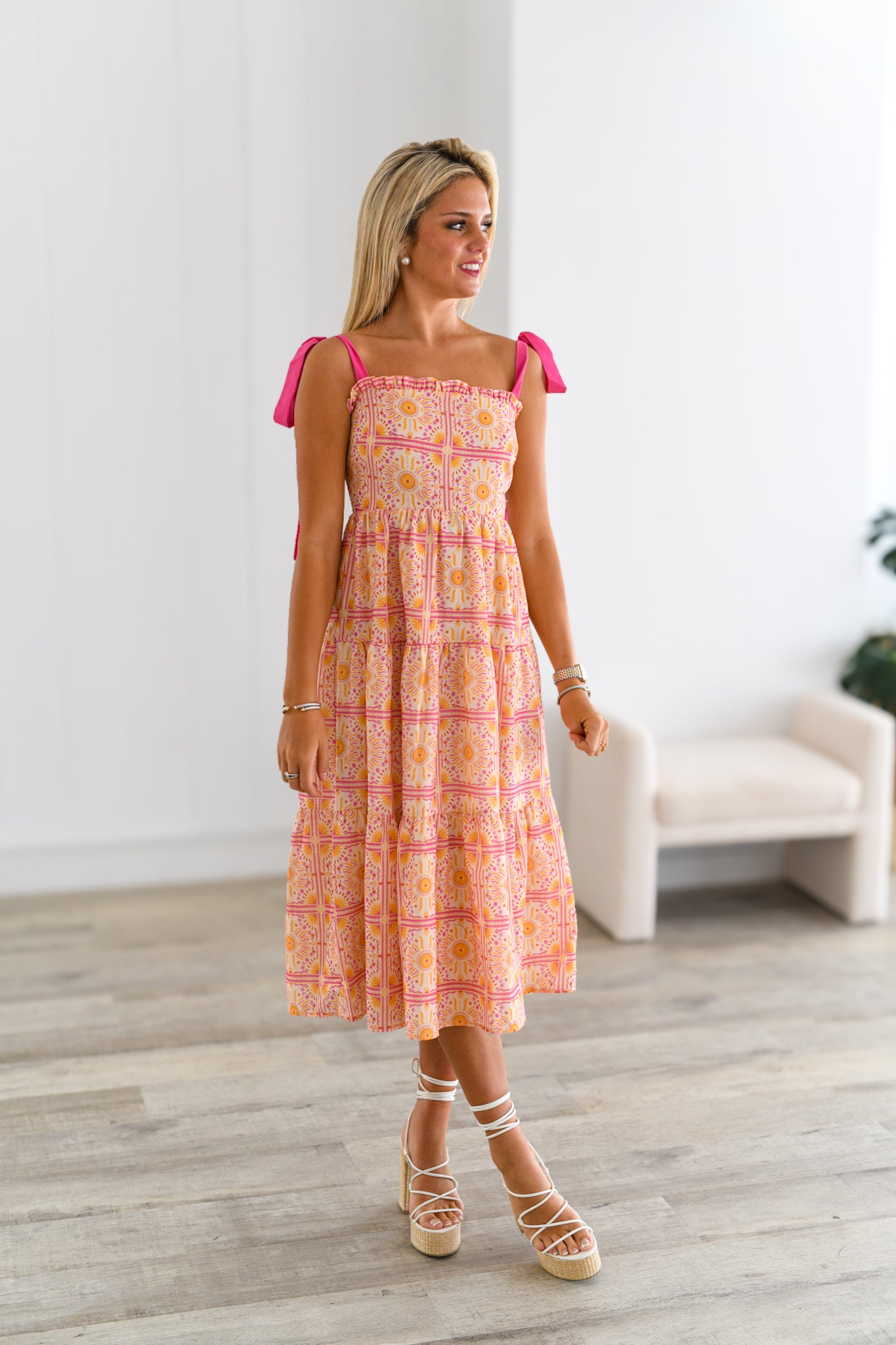 Sun Printed Tie Shoulder Midi Dress-Pink/Yellow