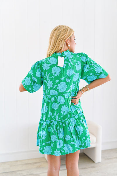 Waterlilly Floral Dixie Split Neck Shift Dress - Green/Blue